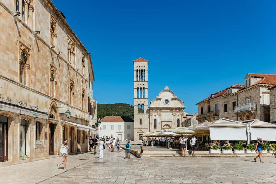 Split/Trogir: Blue Cave, Mamma Mia, Hvar and 5 Island Tour - Passing the Pakleni Islands before Hvar